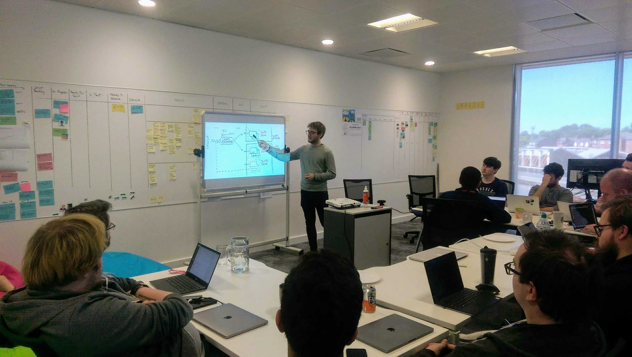 me standing at a whiteboard with a projector talking about docker with the team at Sykes Cottages